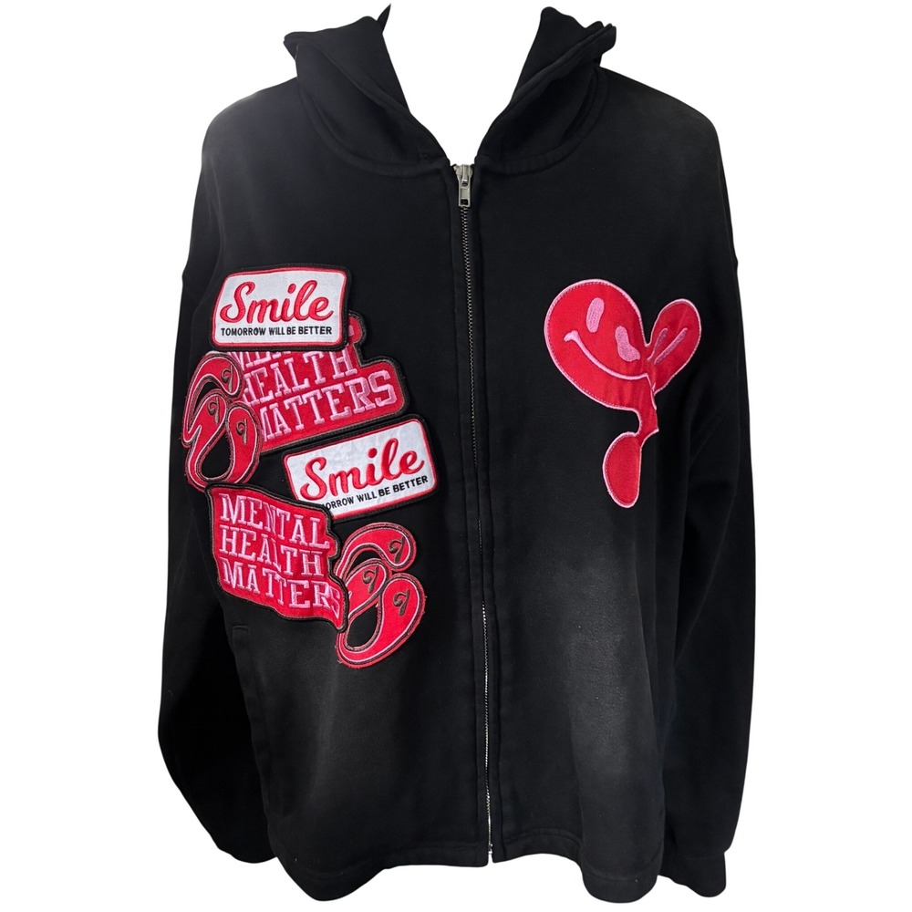 Euphoric 777 Smile Mental Health Matters Patchwork Full Zip Hoodie Black Size XS